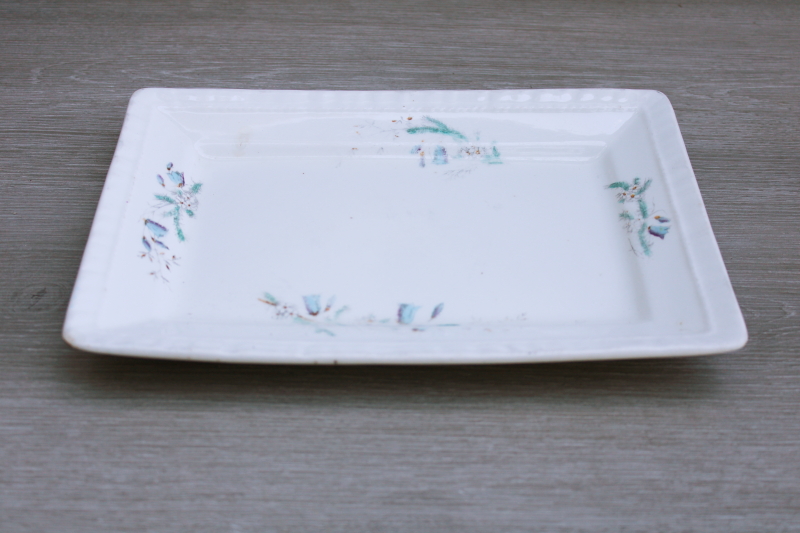 photo of shabby antique ironstone china platter, faded worn floral English garden flowers bluebells  #1