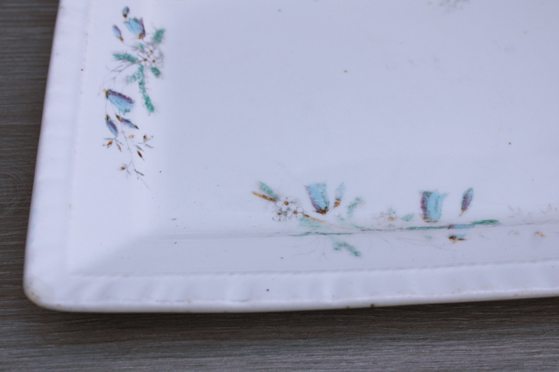 photo of shabby antique ironstone china platter, faded worn floral English garden flowers bluebells  #2
