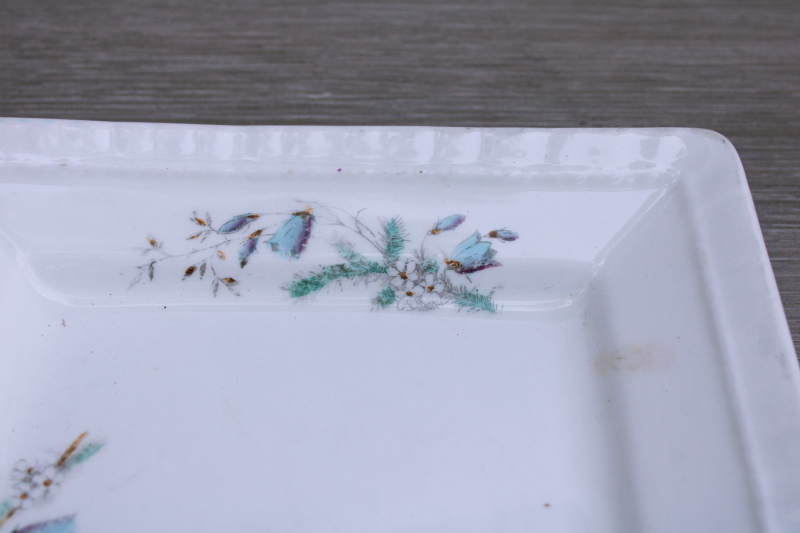 photo of shabby antique ironstone china platter, faded worn floral English garden flowers bluebells  #3