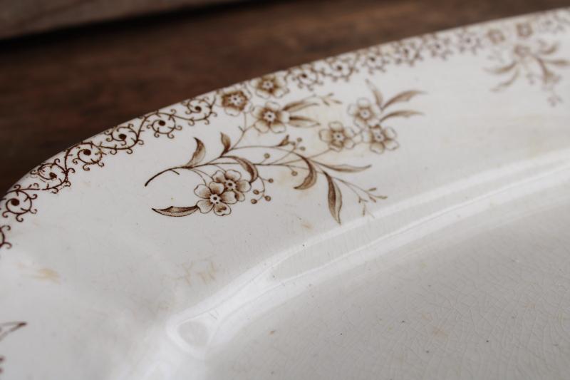 photo of shabby antique ironstone china turkey platter, Columbia aesthetic brown transferware #5