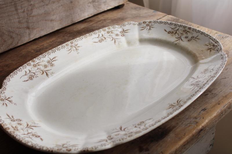 photo of shabby antique ironstone china turkey platter, Columbia aesthetic brown transferware #6