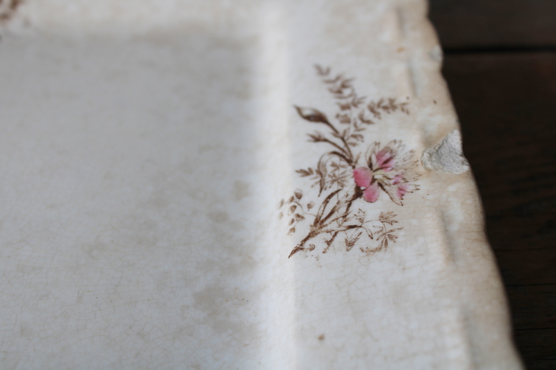 photo of shabby antique ironstone tray or rectangular platter, pink & brown floral crazed stained china  #2