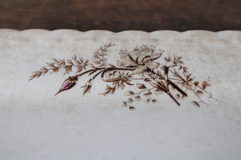 photo of shabby antique ironstone tray or rectangular platter, pink & brown floral crazed stained china  #3