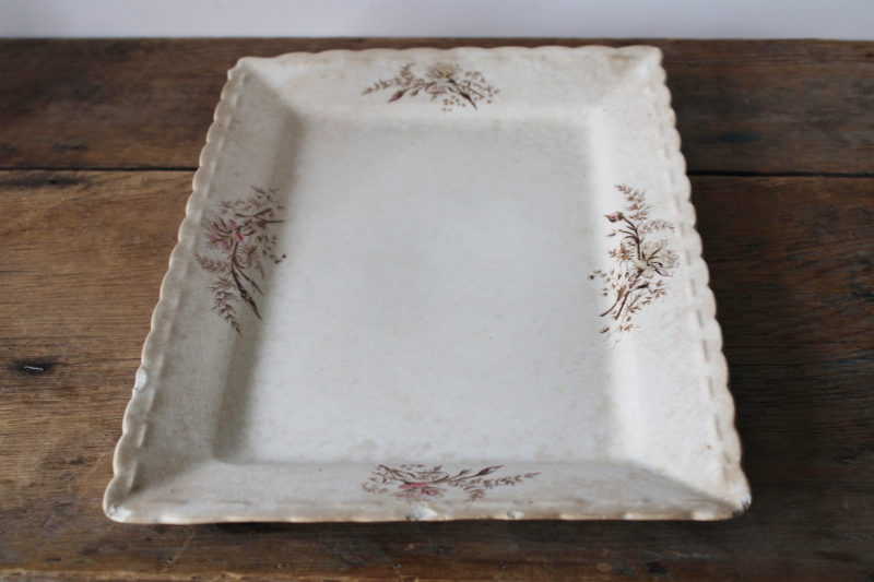 photo of shabby antique ironstone tray or rectangular platter, pink & brown floral crazed stained china  #4
