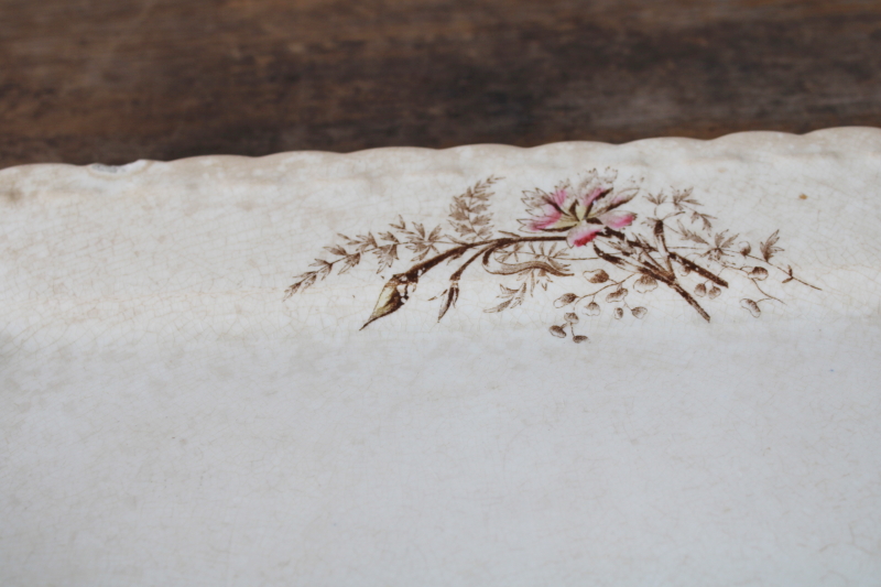 photo of shabby antique ironstone tray or rectangular platter, pink & brown floral crazed stained china  #5