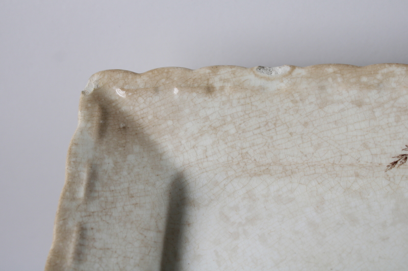 photo of shabby antique ironstone tray or rectangular platter, pink & brown floral crazed stained china  #6