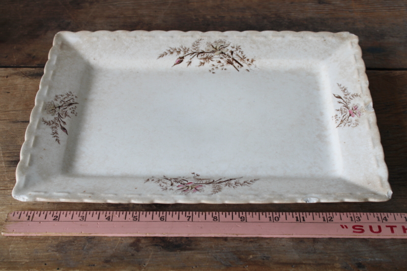 photo of shabby antique ironstone tray or rectangular platter, pink & brown floral crazed stained china  #8
