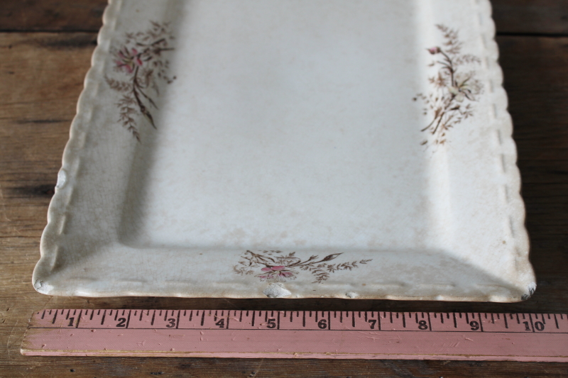 photo of shabby antique ironstone tray or rectangular platter, pink & brown floral crazed stained china  #9