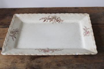shabby antique ironstone tray or rectangular platter, pink & brown floral crazed stained china 