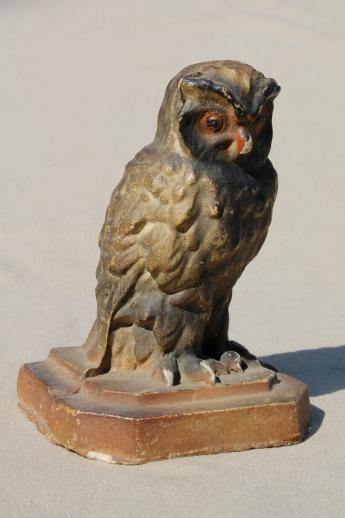 photo of shabby antique owl figure, papier mache or painted plaster statue book end #1