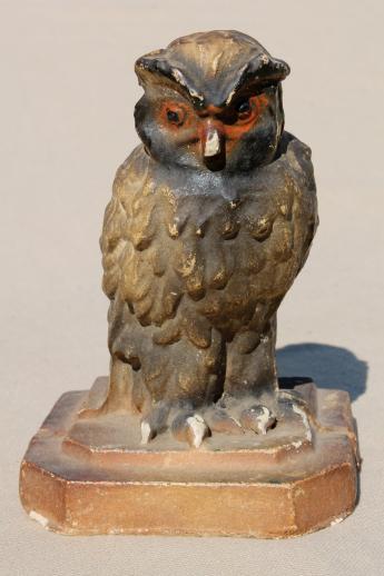 photo of shabby antique owl figure, papier mache or painted plaster statue book end #2