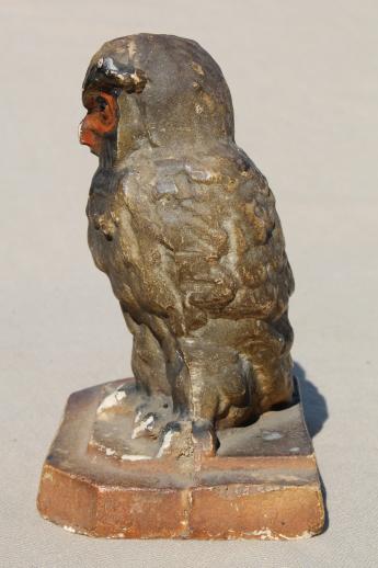 photo of shabby antique owl figure, papier mache or painted plaster statue book end #3