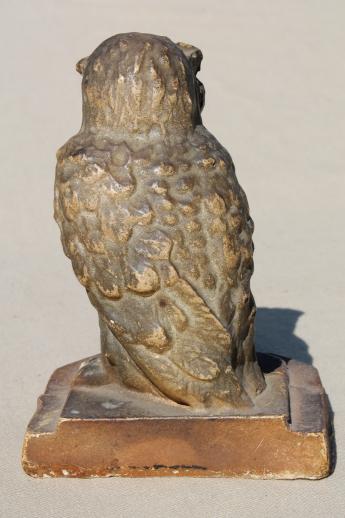 photo of shabby antique owl figure, papier mache or painted plaster statue book end #4