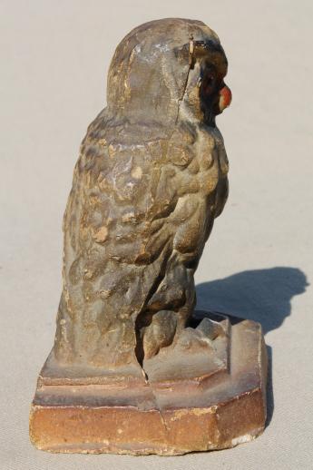 photo of shabby antique owl figure, papier mache or painted plaster statue book end #5