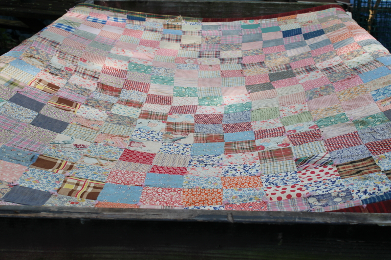 photo of shabby antique patchwork quilt, early 1900s vintage cotton fabric, colorful prints #1