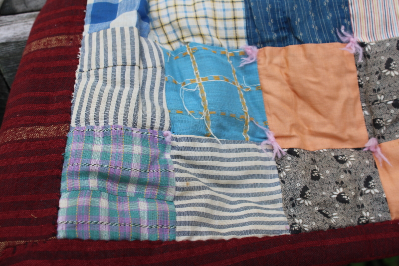 photo of shabby antique patchwork quilt, early 1900s vintage cotton fabric, colorful prints  #2