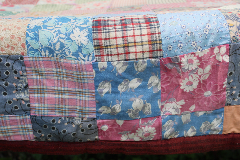 photo of shabby antique patchwork quilt, early 1900s vintage cotton fabric, colorful prints  #3