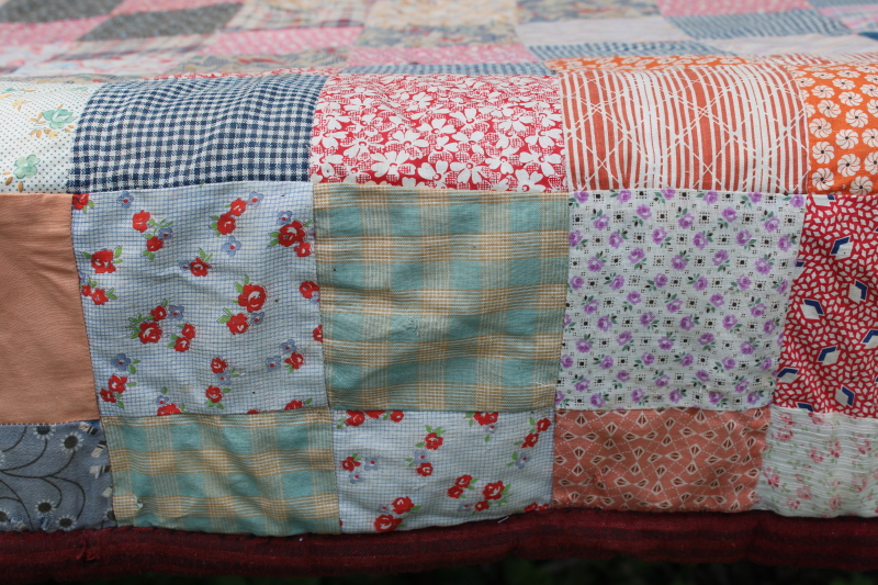 photo of shabby antique patchwork quilt, early 1900s vintage cotton fabric, colorful prints  #4