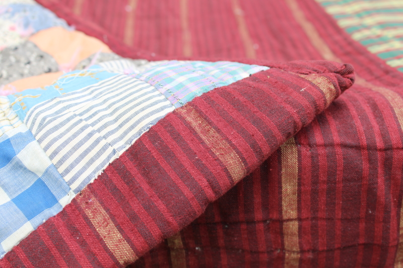 photo of shabby antique patchwork quilt, early 1900s vintage cotton fabric, colorful prints  #7