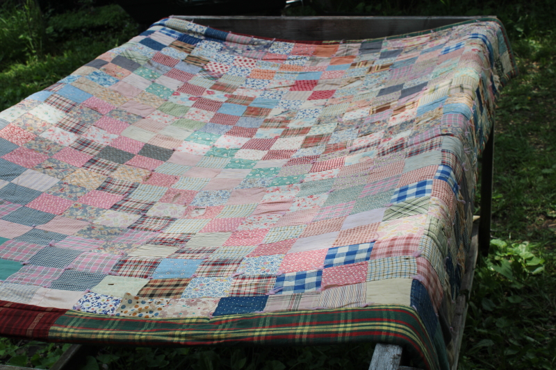 photo of shabby antique patchwork quilt, early 1900s vintage cotton fabric, colorful prints  #8