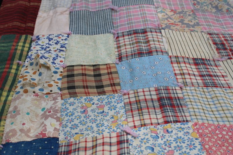 photo of shabby antique patchwork quilt, early 1900s vintage cotton fabric, colorful prints  #9