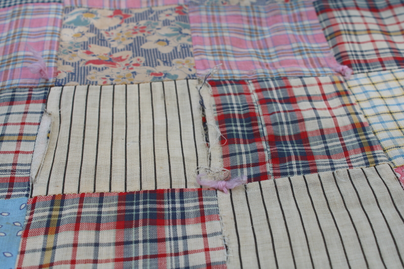photo of shabby antique patchwork quilt, early 1900s vintage cotton fabric, colorful prints  #10