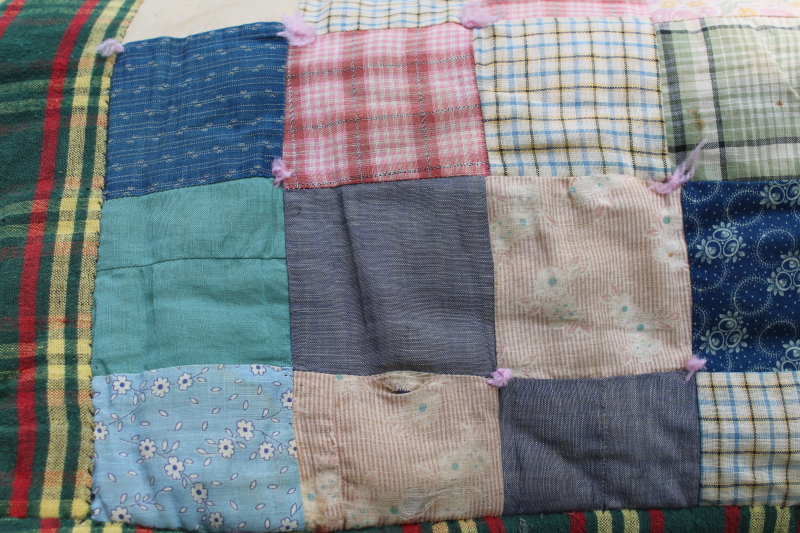 photo of shabby antique patchwork quilt, early 1900s vintage cotton fabric, colorful prints  #11