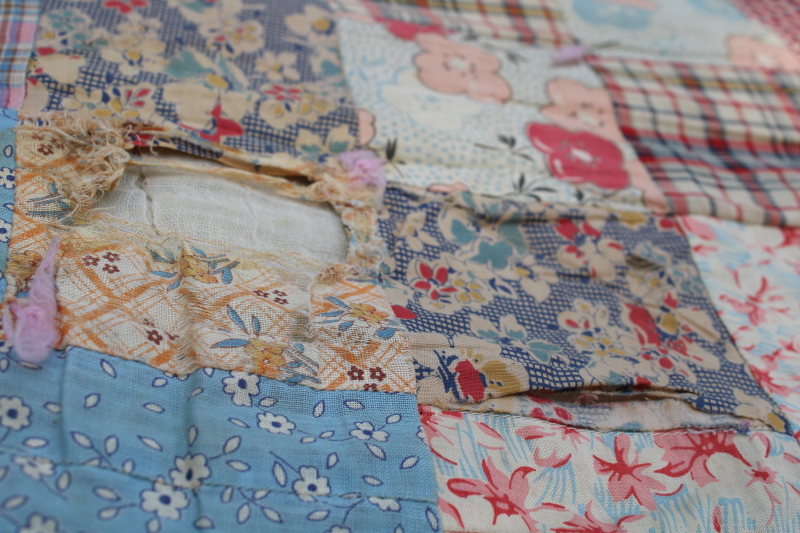 photo of shabby antique patchwork quilt, early 1900s vintage cotton fabric, colorful prints  #12