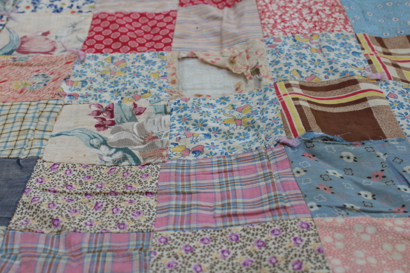 photo of shabby antique patchwork quilt, early 1900s vintage cotton fabric, colorful prints  #13