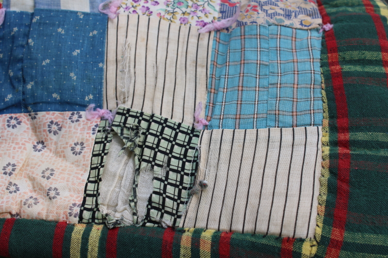 photo of shabby antique patchwork quilt, early 1900s vintage cotton fabric, colorful prints  #14