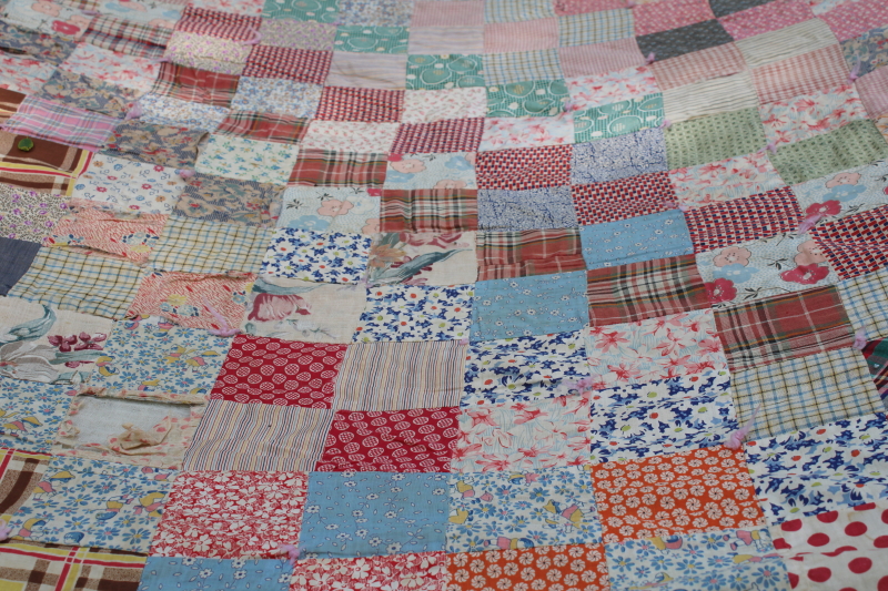 photo of shabby antique patchwork quilt, early 1900s vintage cotton fabric, colorful prints  #15