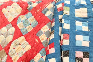 catalog photo of shabby antique red white blue patchwork quilts w/ 1800s print calico, shirting fabrics