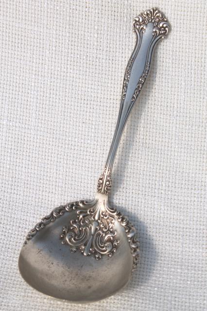 photo of shabby antique silver ladle or serving spoon, tarnished silverplate vintage 1930s #1