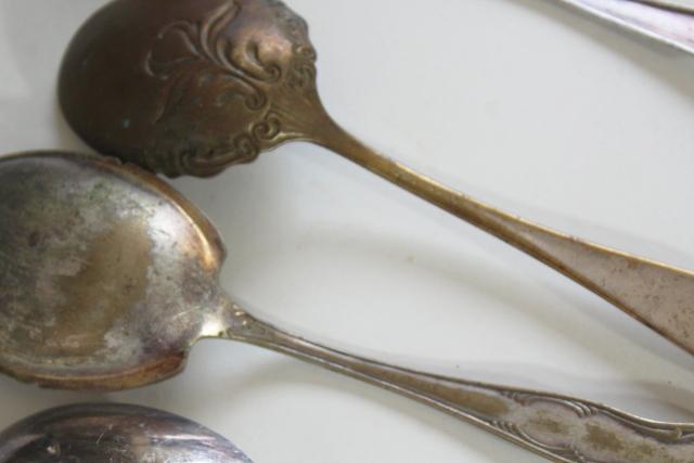 photo of shabby antique silver, large ornate berry scoop serving spoons, vintage silverplate flatware #3