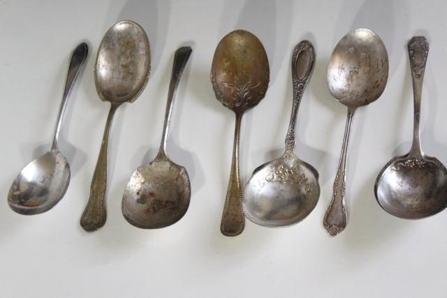 photo of shabby antique silver, large ornate berry scoop serving spoons, vintage silverplate flatware #8