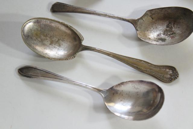 photo of shabby antique silver, large ornate berry scoop serving spoons, vintage silverplate flatware #9