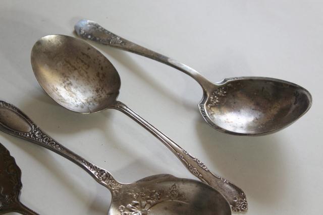 photo of shabby antique silver, large ornate berry scoop serving spoons, vintage silverplate flatware #10