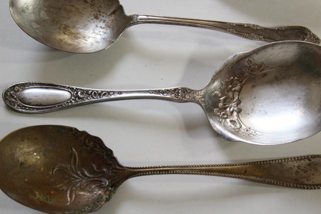 photo of shabby antique silver, large ornate berry scoop serving spoons, vintage silverplate flatware #11