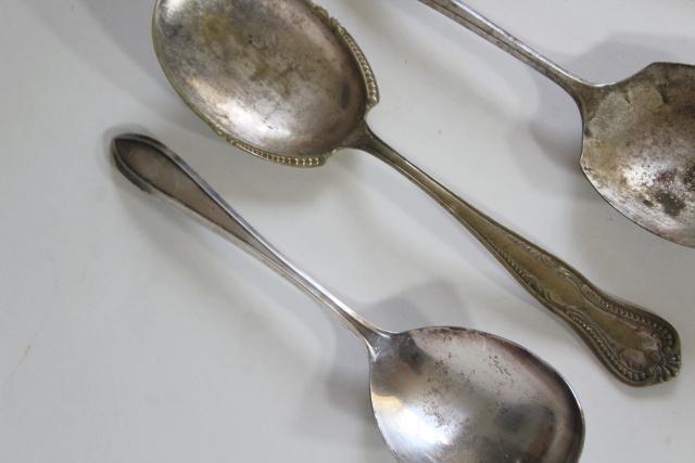 photo of shabby antique silver, large ornate berry scoop serving spoons, vintage silverplate flatware #13