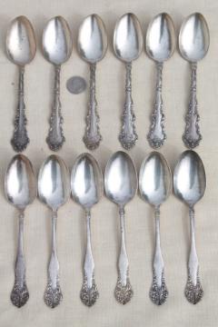 catalog photo of shabby antique silver plate spoons, mismatched vintage silverware Lafayette & Lenora patterns