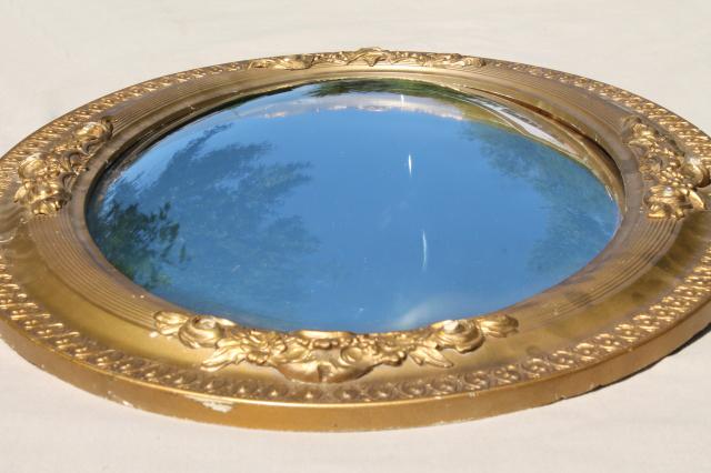 photo of shabby antique silvered glass fisheye mirror, convex bubble glass in old gold frame #3