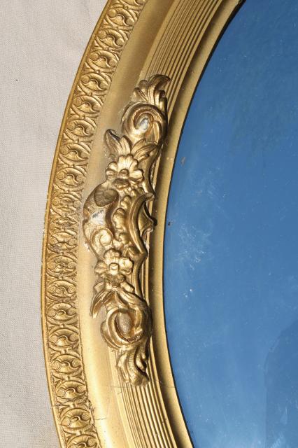 photo of shabby antique silvered glass fisheye mirror, convex bubble glass in old gold frame #5