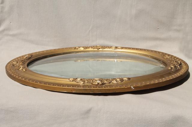 photo of shabby antique silvered glass fisheye mirror, convex bubble glass in old gold frame #7