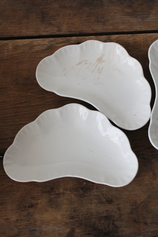 photo of shabby antique stained white ironstone china bone dishes, small crescent shaped plates  #3