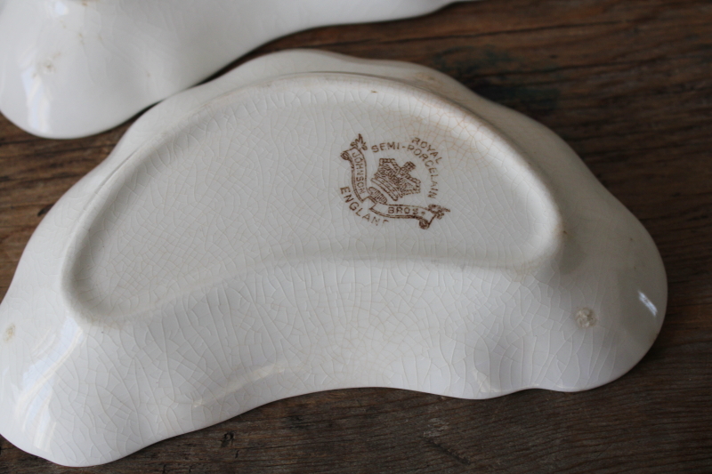 photo of shabby antique stained white ironstone china bone dishes, small crescent shaped plates  #5