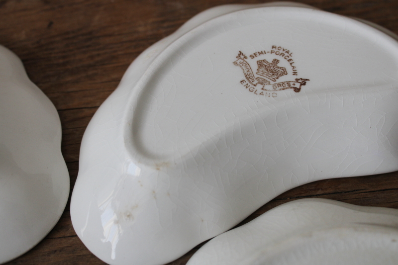 photo of shabby antique stained white ironstone china bone dishes, small crescent shaped plates  #6