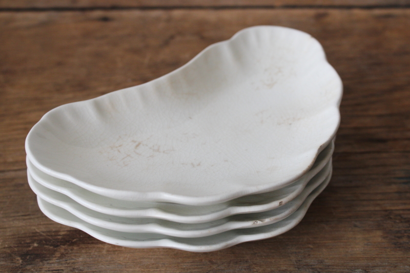photo of shabby antique stained white ironstone china bone dishes, small crescent shaped plates  #8