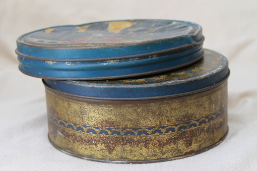 photo of shabby antique tins, 1930s vintage biscuit tins for sewing boxes or buttons #1