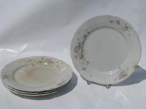 photo of shabby antique transferware ironstone china plates, pink & yellow flowers #1