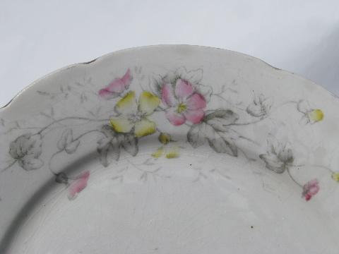 photo of shabby antique transferware ironstone china plates, pink & yellow flowers #3